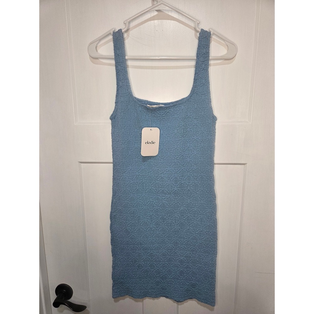 Elodie Blue Textured Mini Dress Square Neck Sleeveless Bodycon Popcorn Fabric M